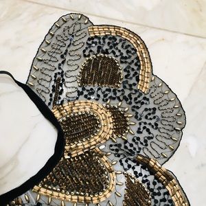 BCBG Sheer Sequin gold sexy bib top dress shawl